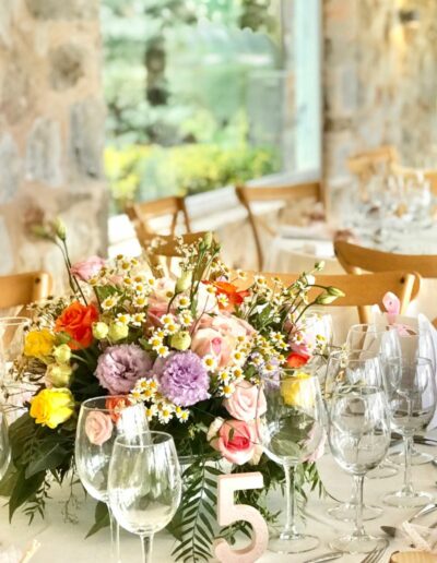 Luvish centerpieces with florals and roses arranged for baptism ceremony