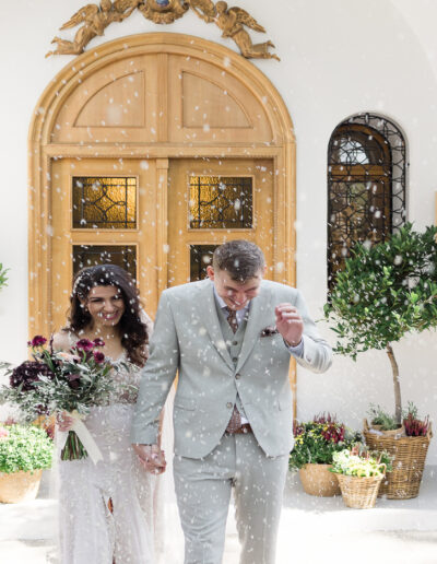 Elegant boho wedding floral decoration at Agia Filothei church