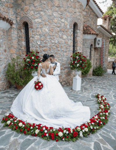 Haute couture bridal look with luxury floral wedding styling