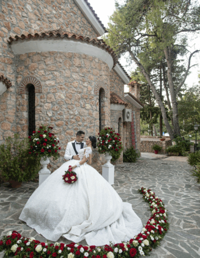 Haute couture bridal look with luxury floral wedding styling